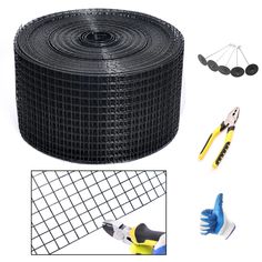 a roll of black gabiot with tools and wire on the side, next to it