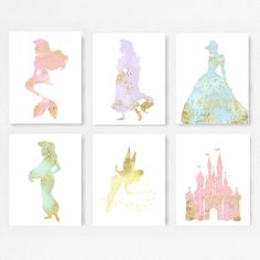 four disney princess silhouettes on white paper with gold and pink paint splatters