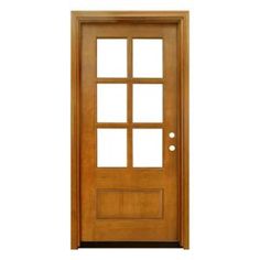 a wooden door with glass panels on the top and bottom panel, against a white background