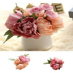 three different types of flowers in a vase on a white furnishing with the same color