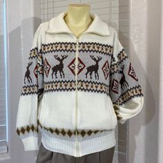 Nwot (Never Worn) Blair Men Sweater Cardigan With Front Zipper And High Color. White Brown Colors, Beautiful Picture Of Dear On Chest And Back. 2 Front Pockets. Size L. Measurements: Length 24” Armpit And Armpit 23” Sleeve 23” Shoulders 23.5” Perfect Like New Condition, No Stains Or Other Flaws. Same Day Shipping. All Proceeds Go To Charity. White Retro Winter Cardigan, Retro White Outerwear For Fall, Retro White Fall Outerwear, Vintage White Outerwear For Fall, Vintage White Outerwear With Fair Isle Pattern, Vintage White Winter Outerwear, White Fair Isle Pattern Casual Cardigan, White Fair Isle Pattern Winter Cardigan, Casual White Fair Isle Cardigan