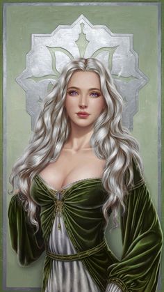 a painting of a woman with long white hair wearing a green dress and holding a cross