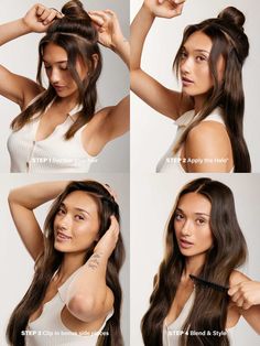 A dimensional light neutral brown with a short, dark brown root smudge, medium honey lowlights, and light ash blonde highlights. faq how-do-halo-hair-extensions-work how-do-i-apply-halo-extensions what-lengths-do-you-offer how-do-i-choose-the-right-color-of-brown-extensions are-the-halo-extensions-one-size-fits-all-or-are-there-different-sizes is-it-possible-for-the-halo-extensions-to-slip-fall-out i-have-short-hair-can-i-wear-halo-extensions does-the-halo-wire-hurt how-does-the-halo-wire-not-sh Coffee Brown Highlights, Warm Brown Lowlights, Halo Dyed Hair, Brown Root Smudge, Brown Halo Hair, Honey Lowlights, Chocolate Lowlights, Brown Extensions, Golden Brown Highlights