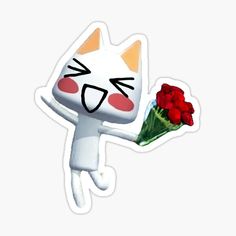 a white cat holding a bouquet of red flowers