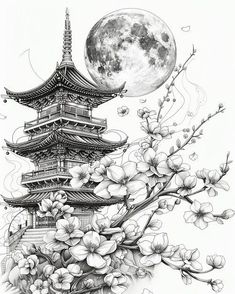 a black and white drawing of a pagoda with flowers in front of the full moon