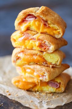 ham, egg and cheese pockets stacked on top of each other with text overlay