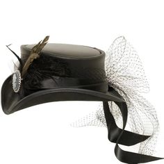 Step out in style with this gorgeous Victorian leather top hat. Crafted of luxurious leather and decorated with a satin black band, overlay mesh, bow closure, antique medallion and feathers, it provides an elegant yet edgy look. An undeniable head-turner, this hat adds flair to any ensemble. Featuring a super comfortable removable sweatband liner that attaches securely with velcro tabs sewn-in to the hat. Easily swap the liner for a half or full-size reducing sweatband (included with purchase) t Classic Top Hat With Curved Brim, Luxury Chic Top Hat With Curved Brim, Classic Luxury Top Hat Adjustable, Luxury Solid Top Hat For Winter, Luxury Black Top Hat For Party, Luxury Handmade Top Hat With Curved Brim, Luxury Fall Top Hat With Flat Brim, Luxury Fitted Top Hat With Brim, Luxury Black Top Hat For Rodeo