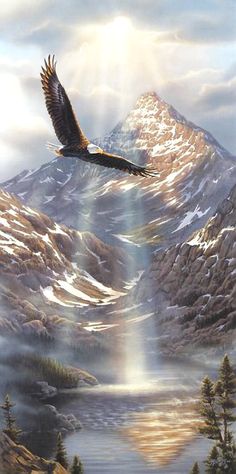 a painting of a bird flying over a mountain