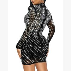 Black Mesh V Neckline Rhinestone Bodycon Dress Black Rhinestone Bodycon Dress For Club, Rhinestone Bodycon Dress For Club Parties, Club Bodycon Dress With Rhinestones, Black Rhinestone Bodycon Dress For Party Season, Elegant Rhinestone Bodycon Dress For Club, Rhinestone Bodycon Mini Dress For Date Night, Stretch Rhinestone Dress For Night Out, Bodycon Rhinestone Dress For Party Season, Bodycon Rhinestone Mini Dress For Date Night