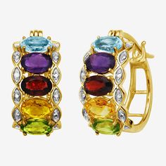 Captivating color! These gorgeous multi-gemstone hoop earrings glow with a vibrant rainbow of genuine sky blue topaz, amethyst, garnet, citrine and peridot stones.Stones: 6x4mm oval genuine sky blue topaz, amethyst, garnet, citrine and peridotOther Stones: Diamond accentsDimensions: 9.47x21.31mmGemstones may be treated and may require special care.Some diamonds may consist of fewer than 17 facets.Jewelry photos are enlarged to show detail.Features: Quick ShipSetting: ProngStone Cut: OvalEarring Multicolor Gemstone Accented Fine Jewelry Earrings, Multicolor Gemstone-accented Fine Jewelry Earrings, Multicolor Multi-stone Hoop Earrings, Oval Multicolor Earrings For Anniversary, Multicolor Oval Earrings For Anniversary, Elegant Multicolor Gemstone Hoop Earrings, Oval Multicolor Anniversary Earrings, Rainbow Colored Oval Jewelry, Elegant Rainbow Hoop Jewelry