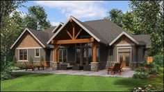 this is an artist's rendering of a small cabin style home with porches and picnic tables