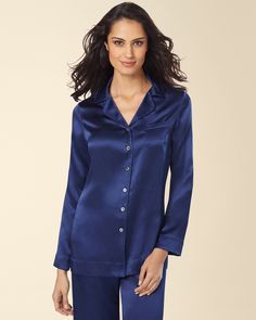 Soma silk pyjamas Long Sleeve Satin Sleepwear For Night, Satin Long Sleeve Sleepwear For Night, Elegant Long Sleeve Sleepwear For Pajama Party, Satin Long Sleeve Sleepwear For Pajama Party, Blue Long Sleeve Sleepwear With Buttons, Blue Long-sleeve Sleepwear With Buttons, Elegant Satin Sleep Tops, Classic Long Sleeve Blouse For Loungewear, Long Sleeve Satin Sleepwear