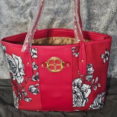 This Is A Beautiful Large Iman Shoulder Tote Bag With Zipper. New Without Tags Attached But Includes Card Insert And Plastic Still On Handles. Completely Clean With No Stains, Rips Or Other Damage. Please See Pictures For Measurements. Red Floral Print Travel Bag, Red Floral Print Shoulder Bag For Everyday Use, Elegant Red Bags With Floral Print, Elegant Red Floral Print Bags, Red Floral Print Bags For Daily Use, Red Floral Print Tote Bag, Red Floral Print Rectangular Bag, Red Floral Print Shoulder Bag, Daily Use Red Floral Print Bags