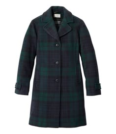 We searched textile mills around the world to find the perfect fabric for our supersoft women's lambswool coat. The flattering shape and premium quality combine for a timeless, casual style. Relaxed Fit. Best with midweight layer. Falls at knee. Center back length, size 12: 36½". 100% polyester lining. 100% premium Italian lambswool. Lightweight, Thinsulate™ polyester insulation. Dry clean. Casual style is slightly shaped for a flattering, nonbulky fit. Finished with single-needle topstitching. Tartan Coat, Polo Coat, Duffel Coat, Black Watch Tartan, Womens Jackets Casual, Casual Jackets, Black Watch, L L Bean, Casual Jacket