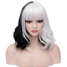 RightOn 14" Black White WigTwo Tone Wig Short Curly Wig Women Girl's Synthetic Wig Black White Mix Wig with Bangs Wig Cap Included. About this item Cap Size: About 22.5 Inches with Adjustable Straps, 2 adjustable straps could help you adjust the wig cap size less or more for about 1-1.5 inches. Specification: Length:13.5"-14" from top to end, 21.5"-22" from front to back(the bangs and scalp included), Weight-200g Approx, Color-Half Black/White. About The Style: All wigs are trimmed by hand, so t Black And White Wig, Light Bangs, Bang Wig, Curly Short, Curly Bangs, Short Curly Wigs, Wig Short, Bohemian Hairstyles, Vintage Boho Fashion