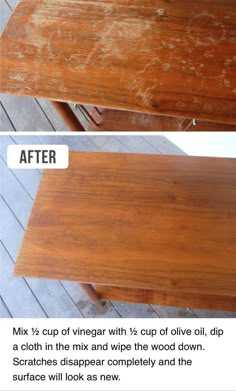 the before and after pictures of an old wooden table with waxed paint on it