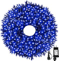 blue led christmas lights on white background