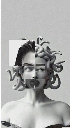 a woman's face is surrounded by snakes in the form of her head and shoulders