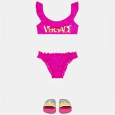 Versace Kids Logo Ruffle-Trimmed Bikini Your Little One Will Look Ever-So Stylish In This Bikini From Versace Kids. It's Made From Stretch-Fused Swim Fabric With Elasticated Ruffle Trims And An Unmissable Logo. Made In Italy Lining: 75% Polyamide, 25% Elastane, Partially Lined Closure: Clip Fastening Designer Color Name: Cerise Care Instructions: Hand Wash Two-Piece Set Material: 78% Polyamide, 22% Elastane Elasticated Waistband Pink Ruffled Swimwear For Beachwear, Pink Ruffled Swimwear For Beach, Pink Ruffled Beachwear Swimwear, Playful Pink Ruffled Swimwear, Pink Summer Swimwear Sets, Pink Swimming Sets For Beachwear, Pink Beachwear Sets For Swimming, Pink Summer Swimming Set, Pink Summer Swimming Sets