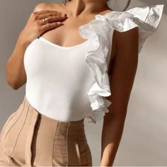 White Poplin Ruffled Sleeve Asymmetric Bodysuit Elegant Stretch Bodysuit With Ruffles, White Ruffled Bodysuit For Spring, Spring White Ruffled Bodysuit, Chic One-piece Bodysuit, Chic Summer Bodysuit With Ruffles, Elegant Solid One-shoulder Bodysuit, Elegant Solid One Shoulder Bodysuit, Chic One-piece Ruffled Bodysuit, Elegant One-shoulder Bodysuit For Spring