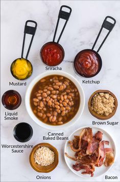 the ingredients for baked beans are shown in bowls