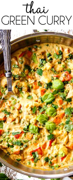 a pan filled with green curry and vegetables