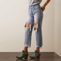 A nod to classic denim but with the versatility of a lightly distressed straight leg, this non-stretch, 100% cotton jean is an instant fave. The cropped hem hits right at your ankle so you can show off your favorite booties.\n\t\tUltra High Rise Tomboy Straight Jean | Women's Ultra High Rise Tomboy Straight Jeans in Mykonos Cotton, Size: 32 Regular by Ariat Mid-rise Distressed Cropped Jeans In Rigid Denim, Distressed Mid-rise Cropped Jeans In Rigid Denim, Everyday Ripped Cropped Jeans For Fall, Ripped Cotton Cropped Jeans For Everyday, Fall Everyday Ripped Cropped Jeans, Distressed Cropped Jeans In Rigid Denim For Fall, Distressed Rigid Denim Cropped Jeans For Fall, Distressed Mid-rise Relaxed Fit Jeans, Distressed Relaxed Fit Mid-rise Jeans