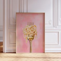 a fork with spaghetti on it in front of a pink wall