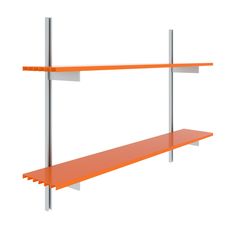 an orange shelf with two shelves on each side and one in the middle, against a white background