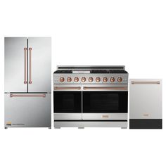 an oven, refrigerator and dishwasher are shown in three different styles with copper accents