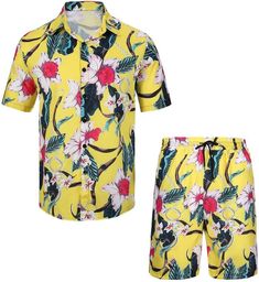 This Men's Print Shirt & Shorts Set is perfect for any tropical getaway. Featuring a vibrant Hawaiian print, this set is made from high-quality fabric for a comfortable fit. Stand out in style and stay cool in this must-have set for your next beach vacation. 100% polyester, shirt sleeve short, soft and breathable, give you the most comfortable wearing experience in all seasons especially hot days. The men print shirt outfit is a loose fit,button-down short sleeve, spread collar;he shorts have po Summer Floral Print Relaxed Fit Set, Summer Floral Print Set With Relaxed Fit, Casual Summer Sets With Tropical Print, Casual Tropical Print Summer Set, Casual Summer Tropical Print Sets, Tropical Short Sleeve Sets For Summer, Tropical Short Sleeve Summer Sets, Tropical Printed Sets For Summer, Tropical Summer Sets With Short Sleeves