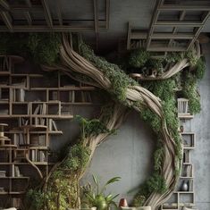 a living room with bookshelves and plants on the wall