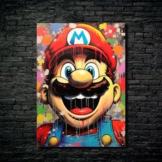 an image of a mario painting on a brick wall with paint splattered all over it