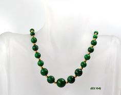 Genuine Malachite Bead Necklace Graduated & Polished Vintage Gold Jade Necklaces With Round Beads, Gold Jade Beaded Necklaces With Round Beads, Gold Jade Round Beaded Necklaces, Gold Jade Necklaces With Polished Beads, Gold Jade Necklace With Faceted Beads, Malachite Bracelet, Peacock Pendant, Marcasite Jewelry, Natural Gemstone Jewelry