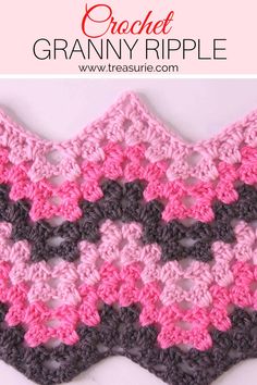 the crochet granny ripple pattern is shown in pink and gray