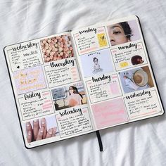 an open planner with pictures and words on it