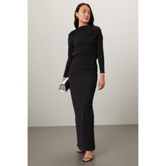 Black jacquard (56% Viscose, 40% Wool, 4% Elastane). Hourglass. Long sleeves. Cowl neck. Side zipper closure. 58" from shoulder to hemline. Imported. Long Sleeve Midi Dress With Back Zipper For Evening, Elegant Long Sleeve Maxi Dress With Back Zipper, Formal Long Sleeve Midi Dress With Back Zipper, Fall Formal Bodycon Maxi Dress, Fall Evening Midi Dress With Back Zipper, Evening Dresses With Side Zipper, Long Sleeve Maxi Dress With Back Zipper For Evening, Long Sleeve Evening Maxi Dress With Back Zipper, Evening Long Sleeve Maxi Dress With Back Zipper