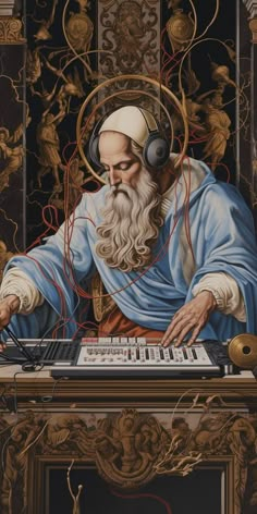 a painting of an old man with headphones playing music on a keyboard in front of a fireplace