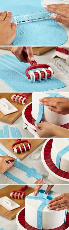 the process of making a cake with fondant and ribbon