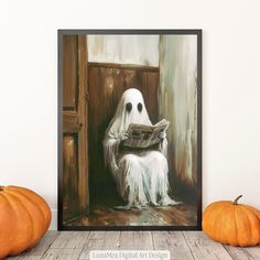 a painting of a ghost reading a newspaper with two pumpkins in the foreground