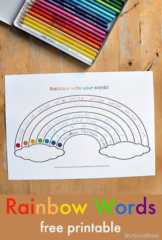 rainbow words printable worksheet with crayons and colored pencils next to it