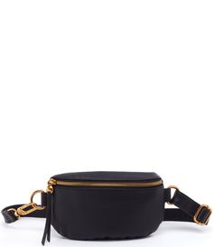 From the Velvet Hide Collection by HOBO&#x2C; the Fern Leather Belt Bag features:Top grain leatherOld English brass hardwareZip closureInterior Front: 3 credit card slotsInterior Back: Zip pocketApprox. 8.5" W x 5.5" H x 1.5" D bag; 30" - 49" adjustable strap Imported. Black Rectangular Belt Bag With Gold-tone Hardware, Chic Crossbody Bags With Brass Hardware, Classic Bags With Brass Hardware For On-the-go, Leather Belt Bag With Metal Hardware For Travel, Black Travel Belt Bag With Gold-tone Hardware, Satchel Bags With Brass Hardware, Black Belt Bag With Gold-tone Hardware For Travel, On-the-go Satchel Bag With Brass Hardware, Chic Black Belt Bag With Gold-tone Hardware