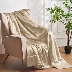 a chair with a blanket draped over it next to a potted plant on the floor