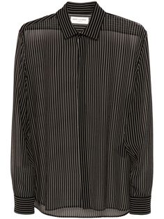 black/white silk georgette pinstripe print classic collar long sleeves buttoned cuffs rear curved hem concealed front button fastening Elegant Pinstripe Shirt For Business, Elegant Striped Shirt, Classic Pinstripe Tops For Workwear, Elegant Office Blouse With Vertical Stripes, Chic Formal Blouse With Vertical Stripes, Chic Pinstripe Shirt For Work, Chic Pinstripe Shirt For Workwear, Elegant Pinstripe Button-up Blouse, Formal Vertical Stripes Button-up Blouse