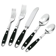 a set of knives, spoons and forks on a white background with black handles