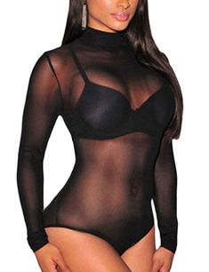 PRICES MAY VARY. MATERIAL: 95%Polyester+5%Spandex, Soft and Stretchy, very comfortable to wear FEATURE: See through bodysuit tops, Sheer mesh bodice(Bra is not included), Turtleneck, Mock neck, Long sleeve, Stretchy, Bodycon fit show your curvaceous silhouette, add unexpected sexiness to your everyday look SIZE: S--Bust 31.5”; M--Bust 33.9”; L--Bust 36.2”; XL--Bust 40.2”, pls carefully check the left size (NOT AMAZON SIZE) for reference, thank you PAIR: Snap Crotch closure, Turtleneck bodysuit, Patchwork Jumpsuit, Mesh Leotard, Body Noir, Jumpsuit Overalls, Black Bodysuit Longsleeve, Leotard Bodysuit, High Neck Bodysuit, Bodysuit Tops, Fashion Skirts