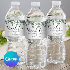 three water bottles with thank you labels on them