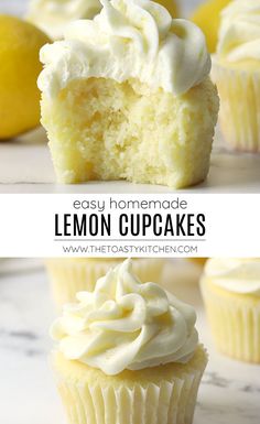 lemon cupcakes with white frosting on top and the bottom half cut in half