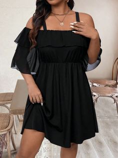 Plus Size Elegant Solid Color Cold Shoulder Ruffle Trim Dress Black Casual  Short Sleeve Fabric Plain A Line Non-Stretch  Women Plus Clothing, size features are:Bust: ,Length: ,Sleeve Length: Dress Black Casual, Plus Size Short Dresses, Punk Woman, Sports Jackets Women, Plus Size Elegant, Hot Leggings, Printed Casual Dresses, Ruffle Trim Dress, Trim Dress