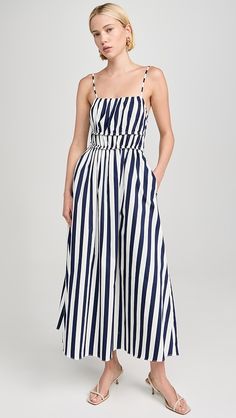 English Factory Stripe Sleeveless Maxi Dress | Shopbop English Factory, Maxi Dress Navy, Feminine Aesthetic, China Fashion, Sleeveless Maxi Dress, Navy White, Waist Tie, Simple Dresses, Dress Brands